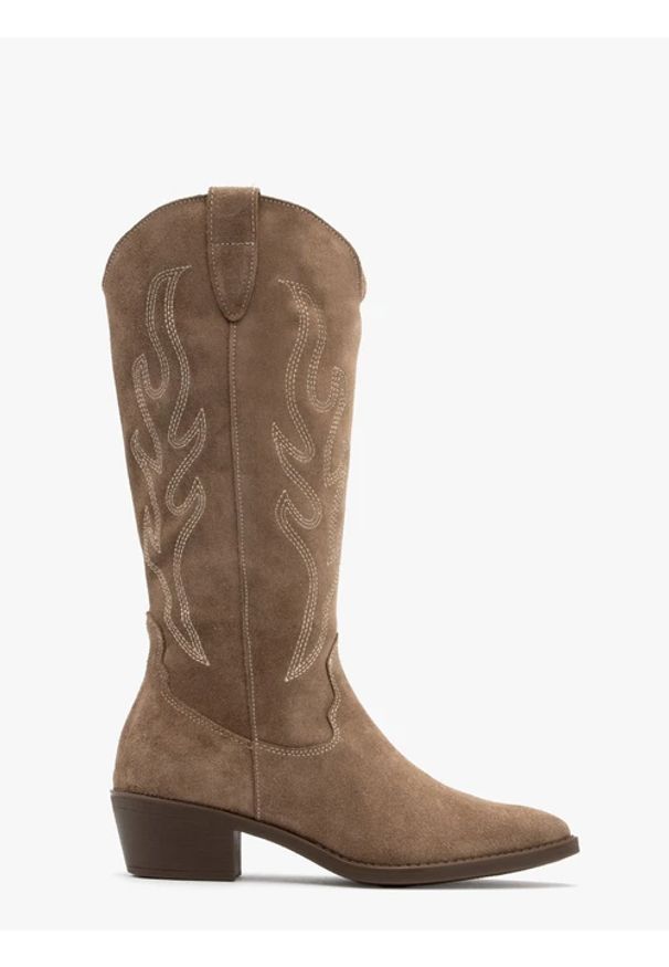 Ryłko - Welurowe kozaki typu kowbojki z dekoracyjnym haftem. Zapięcie: zamek. Kolor: beżowy. Materiał: skóra. Wzór: haft. Styl: street
