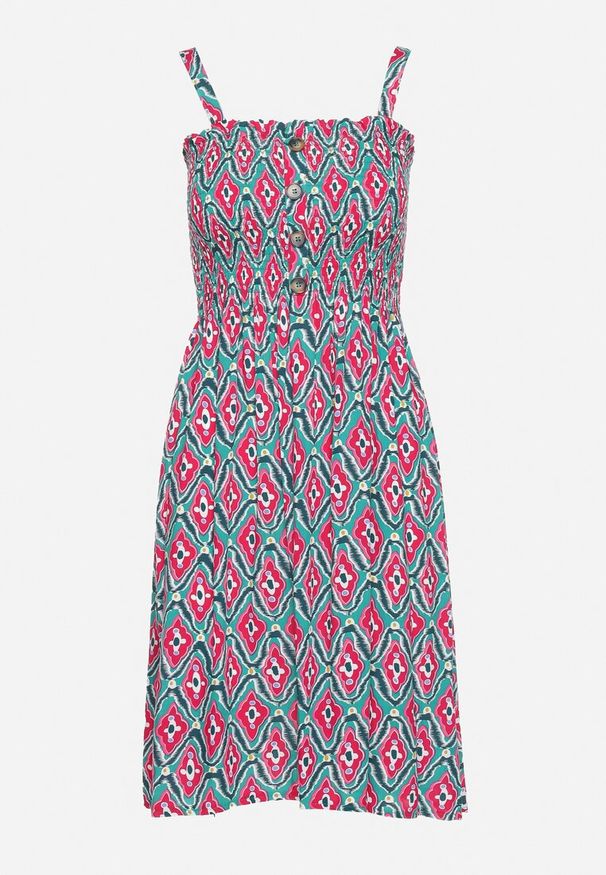 Born2be - Zielono-Różowa Rozkloszowana Sukienka z Wiskozy z Regulowanymi Ramiączkami i Marszczoną Górą Jovemia. Okazja: na spacer, na plażę, na co dzień. Kolor: zielony. Materiał: wiskoza. Długość rękawa: na ramiączkach. Sezon: lato. Typ sukienki: proste. Styl: casual, wakacyjny, klasyczny