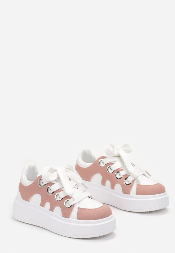 Born2be - BIało-Różowe Sneakersy na Grubej Podeszwie Jorisa. Okazja: na imprezę. Nosek buta: okrągły. Zapięcie: sznurówki. Kolor: biały. Materiał: jeans, materiał. Sezon: jesień, lato, wiosna. Obcas: na obcasie. Wysokość obcasa: niski