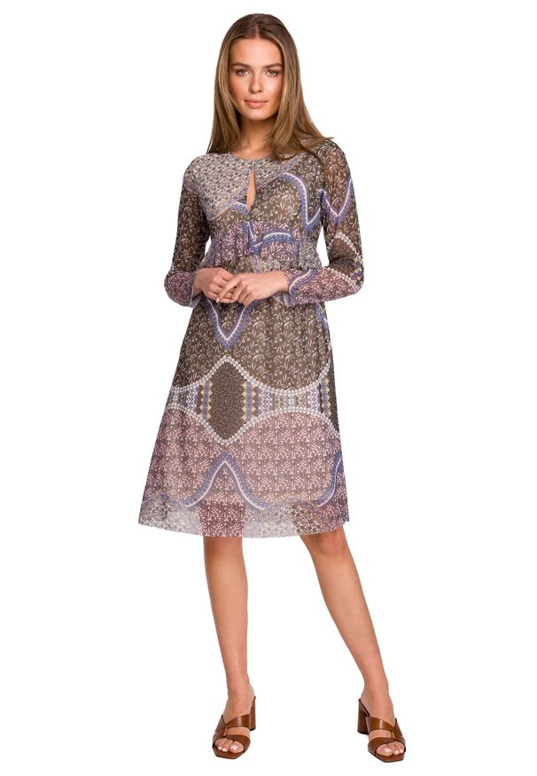MOE - Wzorzysta Sukienka Trapezowa z Falbanką - Model 1. Materiał: poliester, elastan. Typ sukienki: trapezowe