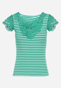 Born2be - Zielony Bawełniany T-shirt w Paski z Koronkowymi Wstawkami Idamarie. Kolor: zielony. Materiał: bawełna, koronka. Wzór: paski. Sezon: lato #7