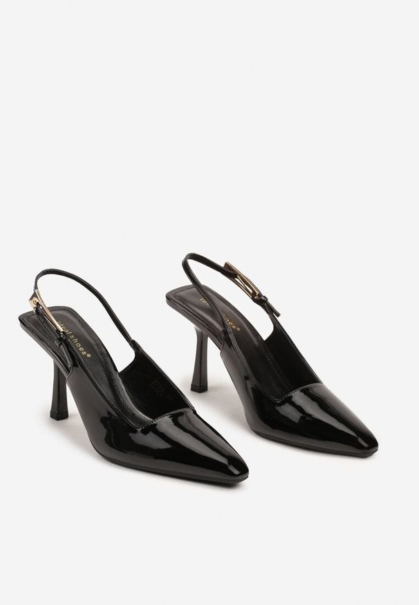 Renee - Czarne Eleganckie Lakierowane Sandały na Obcasie Elizara. Zapięcie: sprzączka. Kolor: czarny. Materiał: lakier. Obcas: na obcasie. Styl: elegancki. Wysokość obcasa: średni