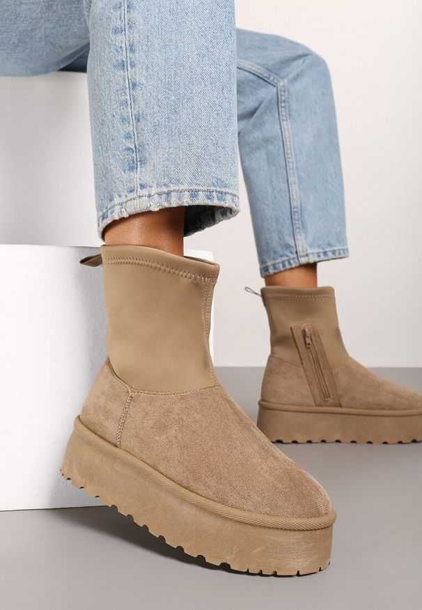 Born2be - Ciemnobeżowe Śniegowce na Grubej Podeszwie z Dopasowaną Cholewką Lannira. Okazja: na spacer. Kolor: beżowy. Materiał: wełna, jeans. Szerokość cholewki: normalna. Sezon: zima. Styl: elegancki