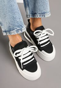 Born2be - Czarne Sneakersy Chunky w Stylu Trampek na Grubej Podeszwie Elanirelia. Okazja: na co dzień, na spacer. Nosek buta: okrągły. Kolor: czarny. Materiał: jeans. Wzór: aplikacja. Sport: turystyka piesza #4