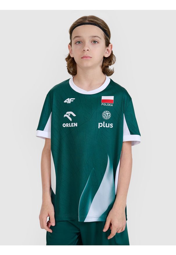 4f - 4F Koszulka meczowa replika dziecięca 4F x Polska Siatkówka - zielona 98/104. Kolor: zielony. Materiał: dzianina, włókno, materiał, syntetyk. Wzór: aplikacja, gładki, ze splotem. Sezon: lato. Styl: klasyczny, sportowy