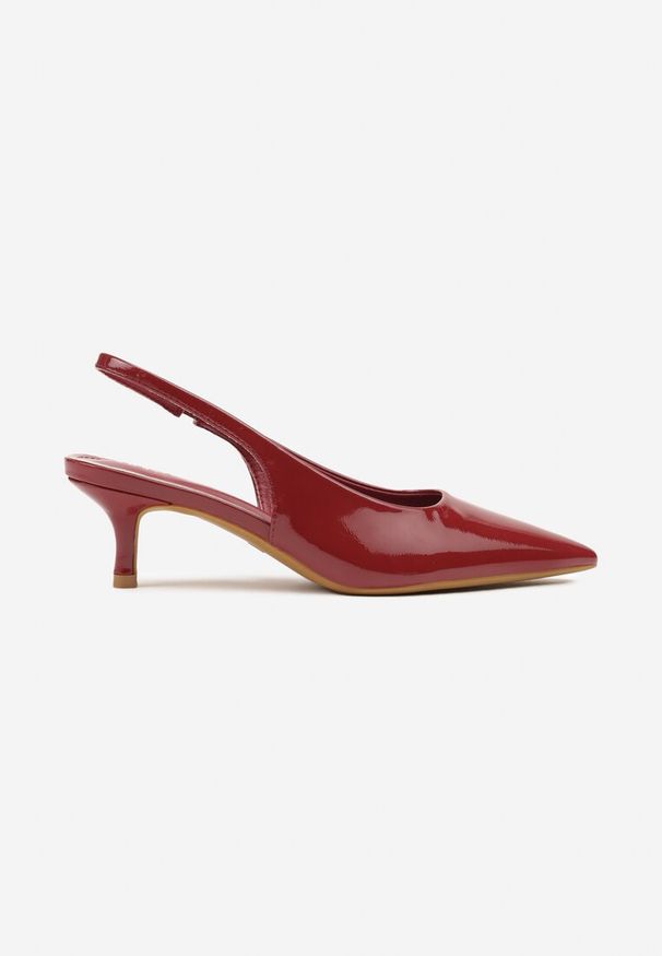 Renee - Bordowe Czółenka Slingback Vices z Lakierowanym Połyskiem na Kaczuszce Sonwena. Okazja: na co dzień. Nosek buta: szpiczasty. Zapięcie: pasek. Kolor: czerwony. Materiał: lakier. Obcas: na szpilce. Styl: casual, klasyczny, elegancki. Wysokość obcasa: średni