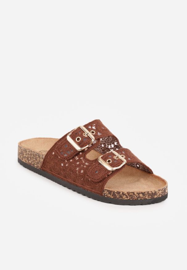 Renee - Brązowe Szydełkowe Klapki z Paskami ze Sprzączkami na Podeszwie z Imitacji Korka Elriess. Okazja: na co dzień. Kolor: brązowy. Materiał: jeans. Wzór: paski, ażurowy. Styl: boho, klasyczny, casual