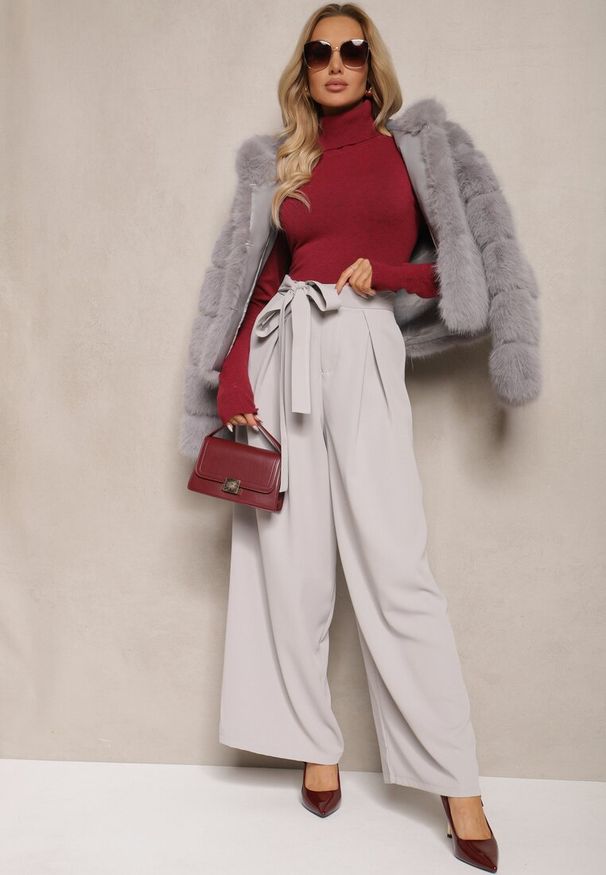 Renee - Szare Eleganckie Spodnie w Garniturowym Stylu High Waist Ozdobione Paskiem w Talii Wenelsea. Okazja: do pracy. Stan: podwyższony. Kolor: szary. Długość: długie. Wzór: aplikacja. Styl: elegancki