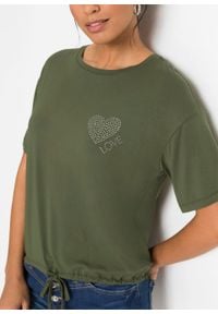 Shirt z ozdobnymi sztrasami bonprix ciemny khaki. Kolor: zielony. Materiał: materiał. Wzór: aplikacja #4