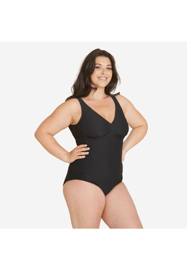 Decathlon - Strój jednoczęściowy pływacki damski Nabaiji Kaipearl New gofrowany. Kolor: czarny. Materiał: materiał