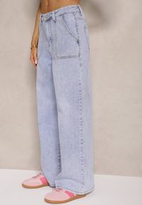 Renee - Niebieskie Szerokie Jeansy High Waist z Naszytymi Kieszeniami Zalittie. Okazja: na co dzień, na randkę. Stan: podwyższony. Kolor: niebieski. Wzór: aplikacja. Styl: klasyczny, elegancki, casual