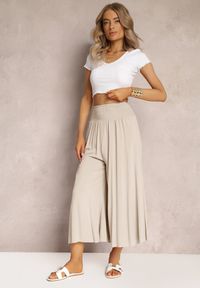 Renee - Jasnobeżowe Szerokie Spodnie High Waist o Długości 7/8 Rathi. Stan: podwyższony. Kolor: beżowy. Materiał: wiskoza, tkanina #3