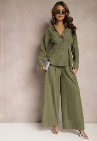 Renee - Ciemnozielony Komplet Luźne Spodnie na Gumce i Dłuższa Koszula Wiązana na Plecach Darienas. Kolor: zielony. Materiał: tkanina #4