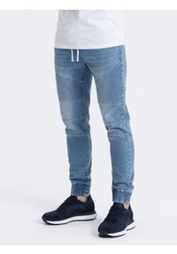 Ombre Clothing - Spodnie męskie joggery jeansowe z przeszyciami - niebieskie V2 OM-PADJ-0113 - XXL. Kolor: niebieski. Materiał: jeans