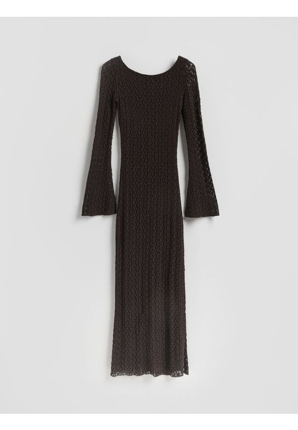 Reserved - Sukienka z wiązaniem na plecach - ciemnobrązowy. Kolor: brązowy. Materiał: dzianina