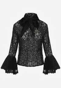 Renee - Czarna Koronkowa Bluzka Wiskozowa z Bawełną Ozdobiona Wiązaniem Diomopis. Kolor: czarny. Materiał: wiskoza, bawełna, koronka. Wzór: aplikacja #7