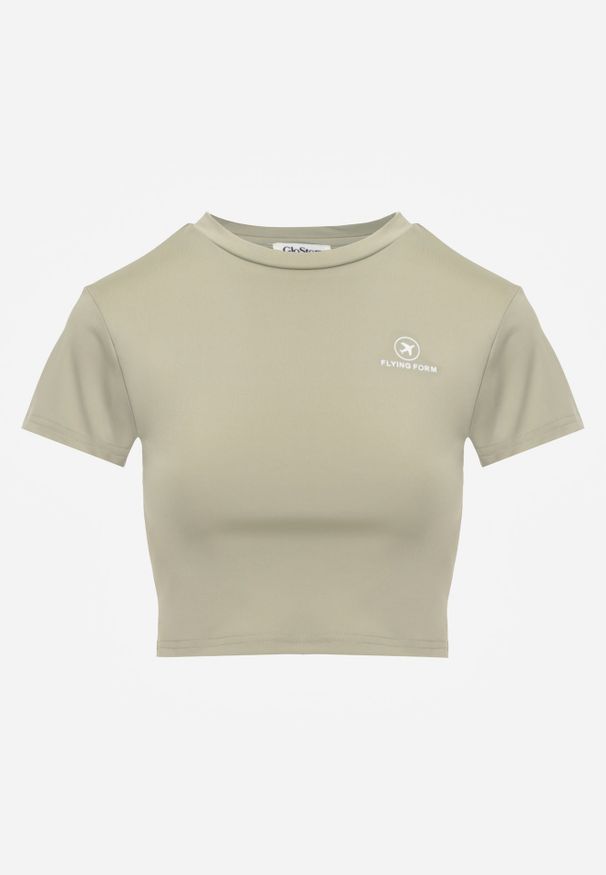 Renee - Jasnozielony Basicowy T-shirt w Stylu Cropped z Subtelnym Nadrukiem Loraera. Okazja: na co dzień. Kolor: zielony. Materiał: jeans. Długość: krótkie. Wzór: nadruk. Styl: elegancki, sportowy, casual