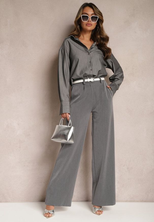 Renee - Szare Szerokie Spodnie Garniturowe Viscose. Kolor: szary. Styl: street