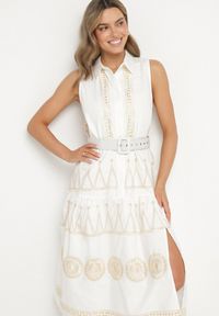 Born2be - Biała Koszulowa Sukienka z Ozdobnym Haftem i Paskiem Mallivena. Okazja: na co dzień. Typ kołnierza: kołnierzyk klasyczny. Kolor: biały. Materiał: materiał, bawełna, jeans, poliester. Wzór: haft. Typ sukienki: koszulowe. Styl: klasyczny, casual #2