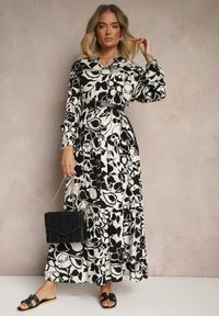Renee - Czarna Pudełkowa Sukienka z Wiskozy w Kwiatowy Print Ridielia. Okazja: na co dzień. Typ kołnierza: dekolt w kształcie V. Kolor: czarny. Materiał: wiskoza. Wzór: kwiaty, nadruk. Styl: elegancki, casual #4