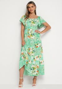 Born2be - Zielona Sukienka z Gumką w Pasie Ozdobiona Falbanką Guzikami i Wiązaniem na Plecach Dimiila. Okazja: na co dzień. Typ kołnierza: kołnierz z falbankami. Kolor: zielony. Długość rękawa: krótki rękaw. Wzór: aplikacja. Sezon: lato. Styl: casual #7