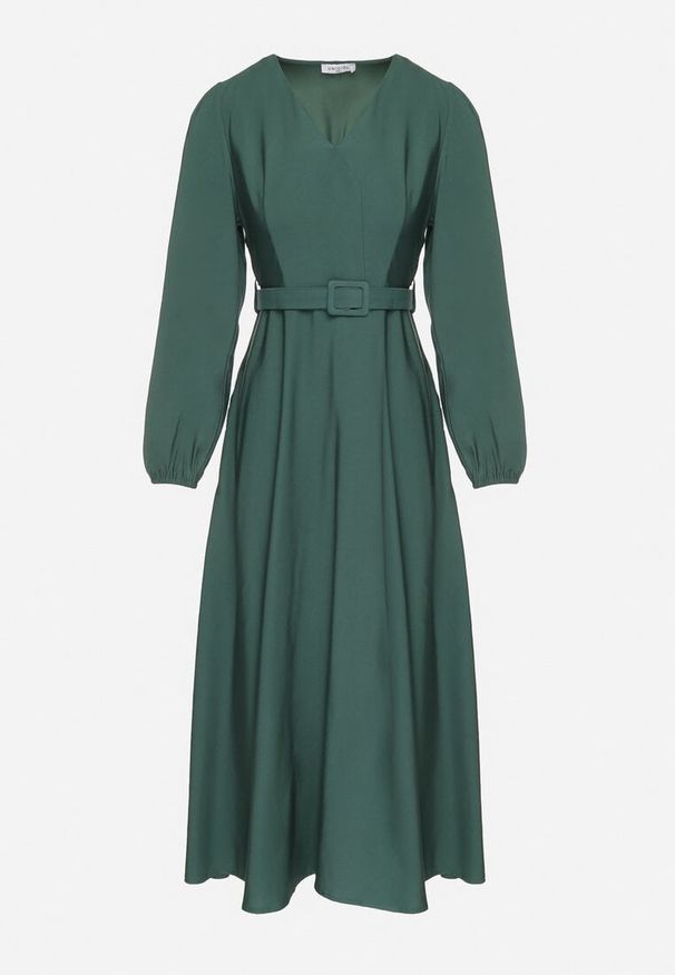 Born2be - Zielona Wiskozowa Sukienka o Rozkloszowanym Kroju z Paskiem z Klamerką Arilesse. Okazja: na co dzień. Typ kołnierza: dekolt w kształcie V. Kolor: zielony. Materiał: wiskoza. Długość rękawa: długi rękaw. Styl: elegancki, casual