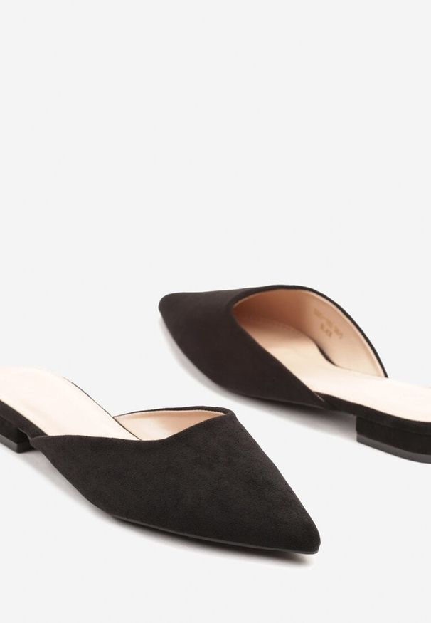 Renee - Czarne Klapki Typu Mule z Noskiem w Szpic Ferraza. Okazja: na co dzień. Kolor: czarny. Materiał: jeans. Obcas: na obcasie. Styl: casual, elegancki. Wysokość obcasa: niski