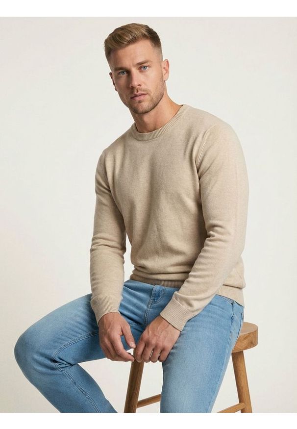 Sinsay - Bawełniany sweter basic - beżowy. Kolor: beżowy. Materiał: bawełna