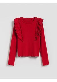 Reserved - Prążkowana bluzka z falbanką - czerwony. Kolor: czerwony. Materiał: prążkowany