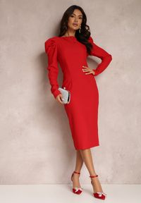 Renee - Czerwona Sukienka Taliowana z Bufiastym Rękawem Adarei. Kolor: czerwony. Styl: elegancki. Długość: midi #1