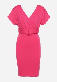 Born2be - Fuksjowa Sukienka z Kopertowym Dekoltem z Materiałowym Paskiem Zdobionym Klamrą Fienara. Okazja: na co dzień. Kolor: różowy. Materiał: materiał. Wzór: aplikacja. Typ sukienki: kopertowe. Styl: casual, klasyczny #6