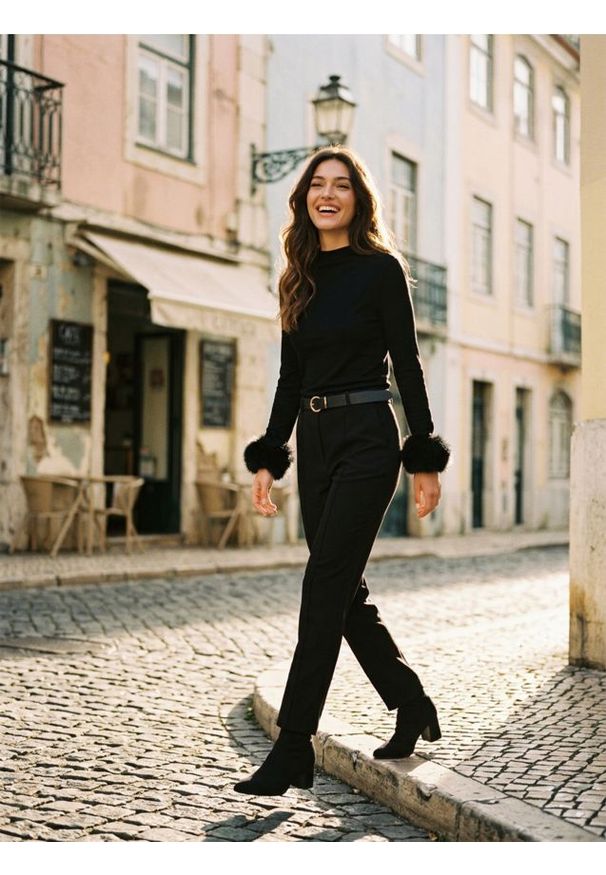 Sinsay - Eleganckie spodnie straight fit z paskiem - czarny. Kolor: czarny. Styl: elegancki