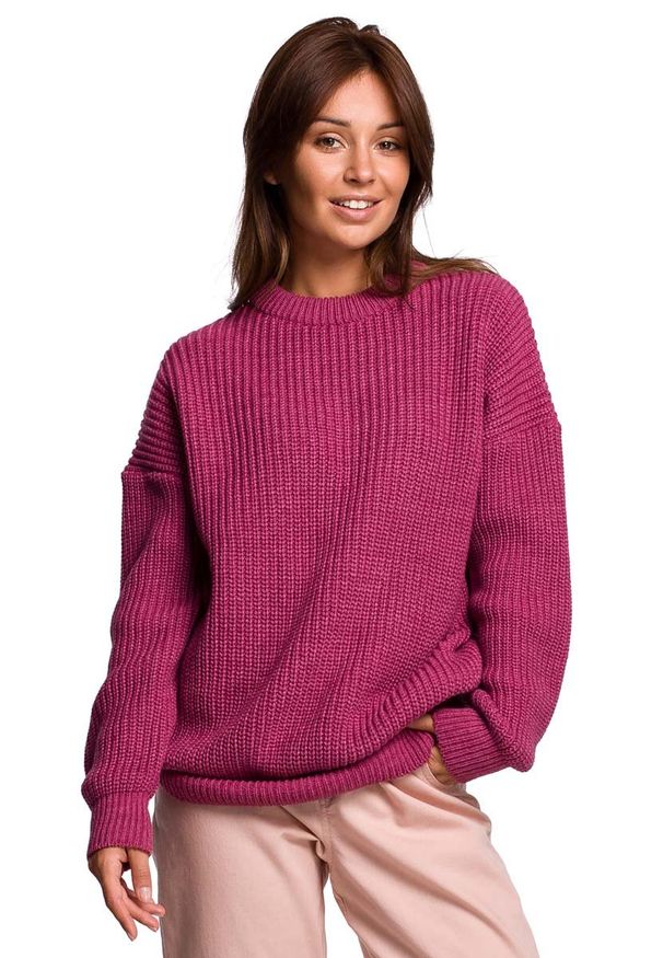 MOE - Sweter Oversize o Przedłużonym Kroju - Wrzosowy. Kolor: fioletowy. Materiał: wełna, poliamid, akryl