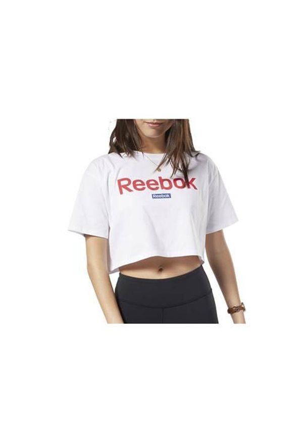 Koszulka sportowa damska Reebok Linear Logo Crop Tee. Kolor: biały. Długość rękawa: krótki rękaw. Długość: krótkie