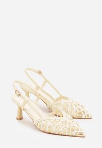 Renee - Żółte Czółenka na Szpilce z Ażurową Szydełkową Cholewką Navioil. Zapięcie: pasek. Kolor: żółty. Materiał: satyna, len. Szerokość cholewki: normalna. Wzór: ażurowy. Obcas: na szpilce. Wysokość obcasa: średni #5