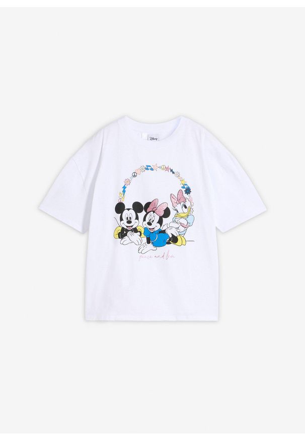bonprix - T-shirt oversize z nadrukiem Myszki Miki, z czystej bawełny. Kolor: biały. Materiał: bawełna. Długość rękawa: krótki rękaw. Długość: krótkie. Wzór: nadruk