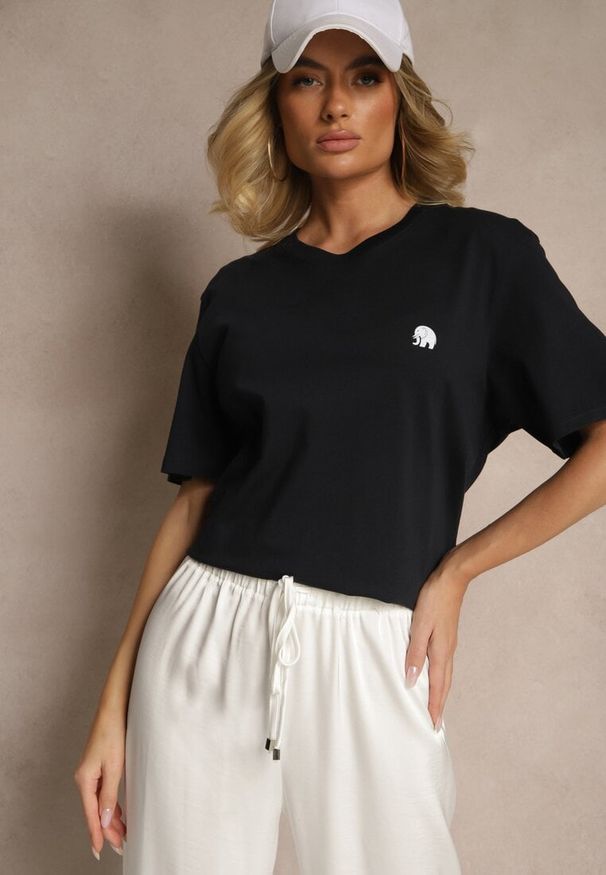 Renee - Granatowa Bawełniana Koszulka T-shirt z Małym Słonikiem Laniriel. Okazja: na co dzień. Kolor: niebieski. Materiał: bawełna. Styl: klasyczny, casual, elegancki