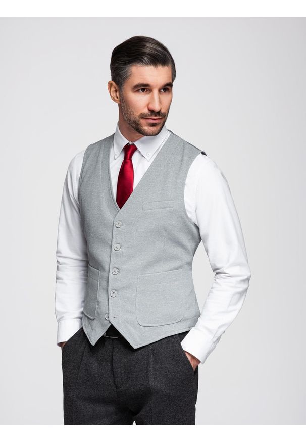 Ombre Clothing - Dopasowana strukturalna męska kamizelka z naszywanymi kieszeniami – szary melanż V2 - Rozmiar: XXL. Kolor: szary. Materiał: poliester, materiał. Wzór: melanż. Styl: elegancki
