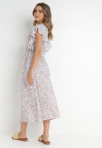 Born2be - Różowo-Jasnoszara Sukienka Lanby. Typ kołnierza: kołnierz z falbankami. Kolor: różowy. Materiał: materiał. Wzór: nadruk, aplikacja, kwiaty. Styl: elegancki. Długość: maxi #2