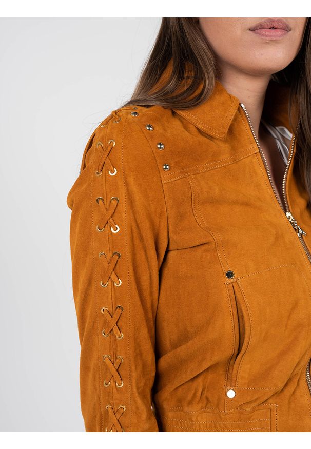 Patrizia Pepe Kurtka | 2L0873 A543 | Kobieta | Brązowy, Pomarańczowy. Okazja: na co dzień. Kolor: pomarańczowy, brązowy, wielokolorowy. Materiał: skóra. Wzór: aplikacja. Styl: casual