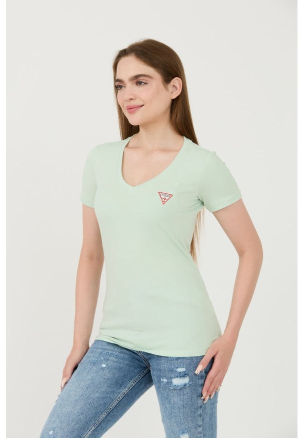 Guess - GUESS Miętowy damski t-shirt Mini Triangle Tee, Rozmiar M. Kolor: zielony