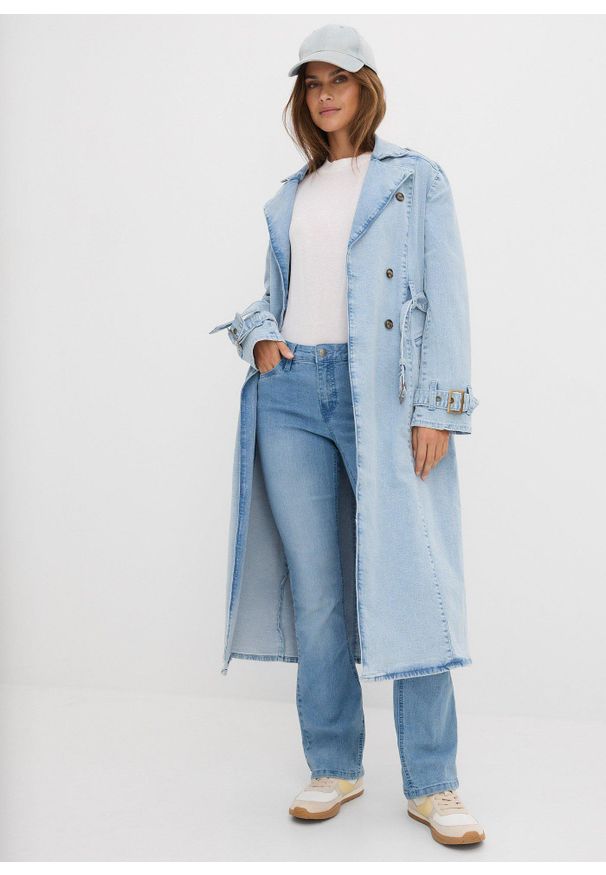 bonprix - Jeansy z rozkloszowanymi nogawkami, mid waist, ze stretchem. Kolor: niebieski