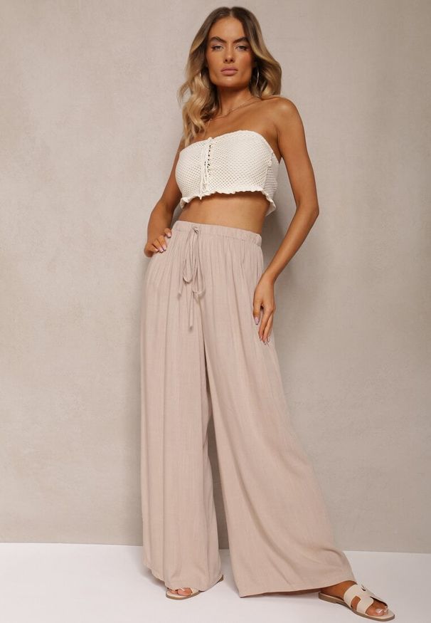 Renee - Jasnobeżowe Szerokie Spodnie High Waist z Gumką w Talii Ilnena. Okazja: na co dzień. Stan: podwyższony. Kolor: beżowy. Styl: klasyczny, casual, elegancki