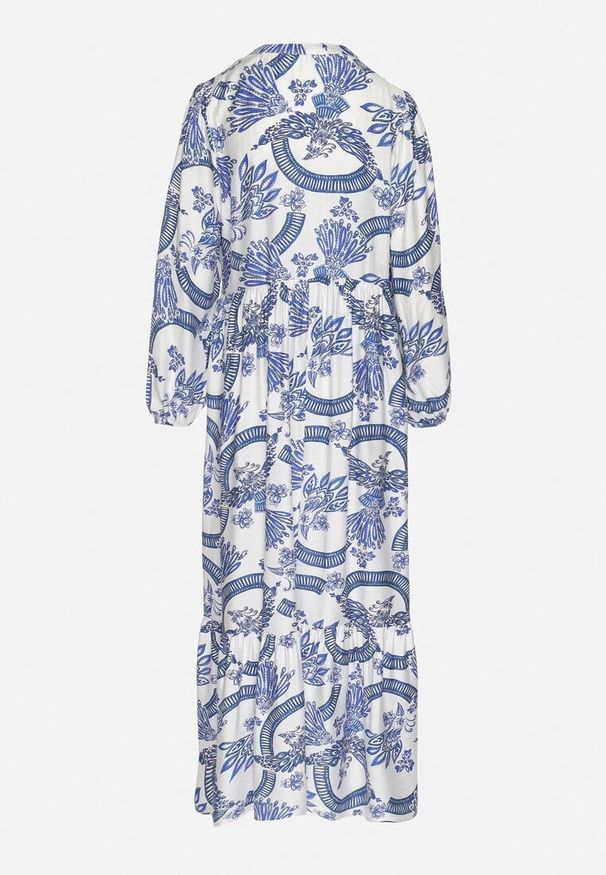 Born2be - Niebieska Sukienka z Wiskozą o Rozkloszowanym Kroju z Wiązaniem w Roślinny Wzór Korivona. Okazja: na co dzień. Typ kołnierza: dekolt w serek. Kolor: niebieski. Materiał: wiskoza. Długość rękawa: długi rękaw. Typ sukienki: rozkloszowane. Styl: elegancki, casual