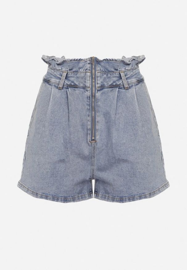 Born2be - Niebieskie Bawełniane Jeansowe Szorty z Wysokim Stanem i Ozdobnymi Przeszyciami Lerceria. Okazja: na imprezę. Stan: podwyższony. Kolor: niebieski. Materiał: jeans, bawełna. Sezon: lato. Styl: elegancki