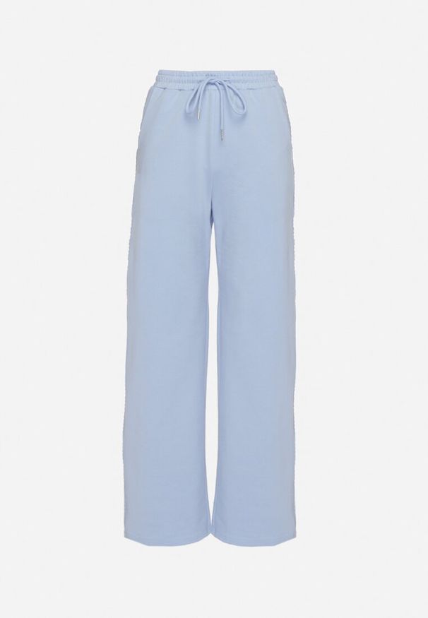 Born2be - Jasnoniebieskie Szerokie Spodnie Dresowe z Bawełny z Wysokim Stanem i Lampasami Pillione. Okazja: na co dzień. Stan: podwyższony. Kolor: niebieski. Materiał: bawełna, dresówka. Styl: casual