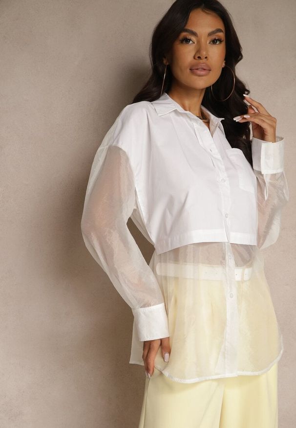 Renee - Biała Koszula Ozdobiona Przezroczystymi Rękawami Tilaria. Okazja: na co dzień. Kolor: biały. Materiał: jeans. Wzór: aplikacja. Sezon: lato. Styl: casual