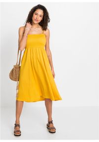 Sukienka z przeszyciem cienkimi gumkami bonprix żółty szafranowy. Kolor: żółty. Długość rękawa: na ramiączkach. Długość: midi #4