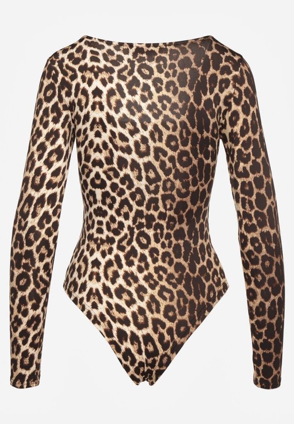 Renee - Brązowe Body w Panterkę z Kwadratowym Dekoltem i Długim Rękawem Gazzla. Typ kołnierza: dekolt kwadratowy. Kolor: brązowy. Długość rękawa: długi rękaw. Długość: długie. Wzór: motyw zwierzęcy