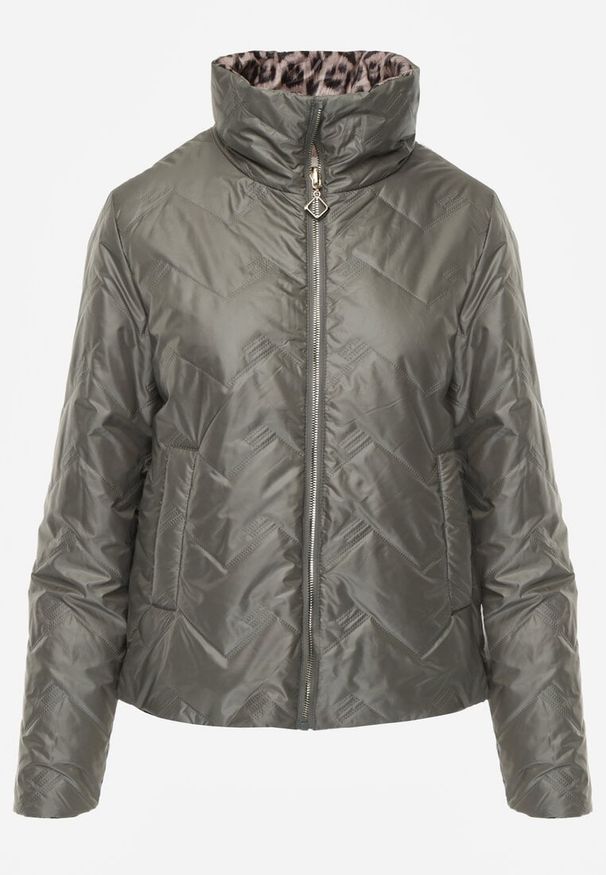 Renee - Zielona Pikowana Kurtka Dwustronna z Motywem Panterki i Naszywką Damike. Kolor: zielony. Wzór: motyw zwierzęcy, aplikacja. Sezon: wiosna